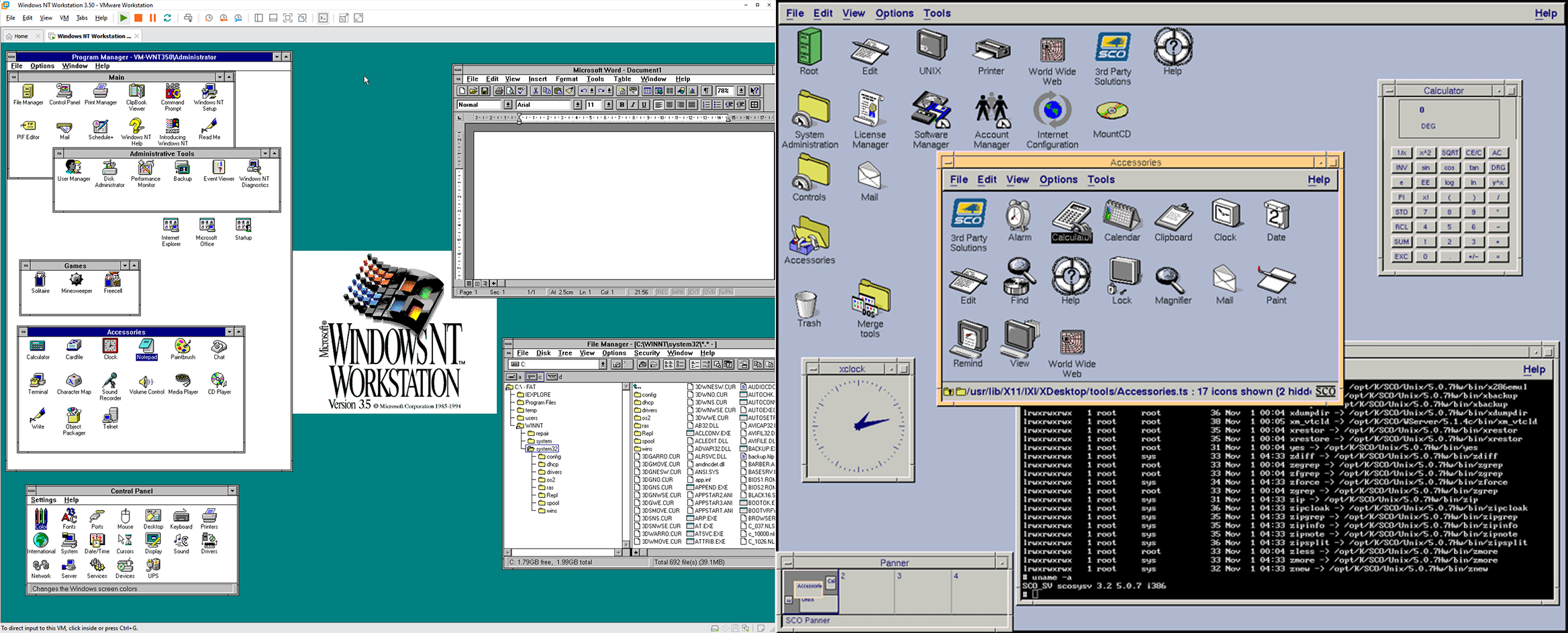 Two computer workstations side by side — Unix terminal and Windows desktop